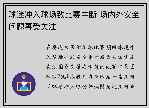 球迷冲入球场致比赛中断 场内外安全问题再受关注